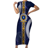 Fiji Ratu Kadavulevu School Family Matching Short Sleeve Bodycon Dress and Hawaiian Shirt Tapa and Polynesian Tribal Pattern LT03 Mom's Dress Blue - Polynesian Pride