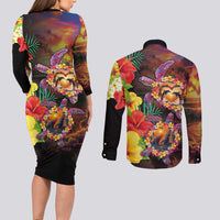 Hawaiian Sea Animals Love Couple Couples Matching Long Sleeve Bodycon Dress and Long Sleeve Button Shirt Aloha Sunset Symphony LT03 - Polynesian Pride