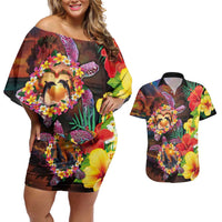 Hawaiian Sea Animals Love Couple Couples Matching Off Shoulder Short Dress and Hawaiian Shirt Aloha Sunset Symphony LT03 Black - Polynesian Pride