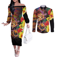 Hawaiian Sea Animals Love Couple Couples Matching Off The Shoulder Long Sleeve Dress and Long Sleeve Button Shirt Aloha Sunset Symphony LT03 Black - Polynesian Pride