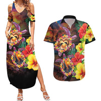 Hawaiian Sea Animals Love Couple Couples Matching Summer Maxi Dress and Hawaiian Shirt Aloha Sunset Symphony LT03 Black - Polynesian Pride