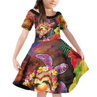 Hawaiian Sea Animals Love Couple Family Matching Off Shoulder Short Dress and Hawaiian Shirt Aloha Sunset Symphony LT03 Daughter's Dress Black - Polynesian Pride