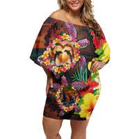 Hawaiian Sea Animals Love Couple Family Matching Off Shoulder Short Dress and Hawaiian Shirt Aloha Sunset Symphony LT03 Mom's Dress Black - Polynesian Pride
