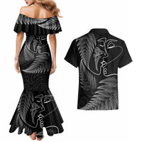 New Zealand Valentine's Day Couples Matching Mermaid Dress and Hawaiian Shirt Silver Fern and Line Art Love Couple LT03 - Polynesian Pride