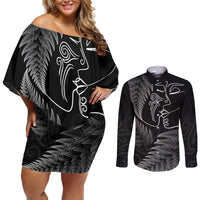 New Zealand Valentine's Day Couples Matching Off Shoulder Short Dress and Long Sleeve Button Shirt Silver Fern and Line Art Love Couple LT03 Black - Polynesian Pride