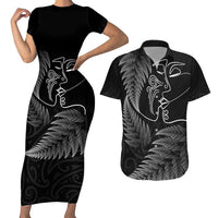 New Zealand Valentine's Day Couples Matching Short Sleeve Bodycon Dress and Hawaiian Shirt Silver Fern and Line Art Love Couple LT03 Black - Polynesian Pride