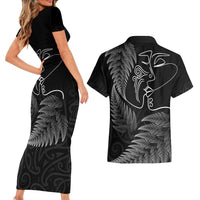 New Zealand Valentine's Day Couples Matching Short Sleeve Bodycon Dress and Hawaiian Shirt Silver Fern and Line Art Love Couple LT03 - Polynesian Pride