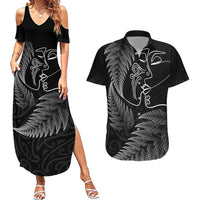 New Zealand Valentine's Day Couples Matching Summer Maxi Dress and Hawaiian Shirt Silver Fern and Line Art Love Couple LT03 Black - Polynesian Pride