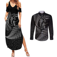 New Zealand Valentine's Day Couples Matching Summer Maxi Dress and Long Sleeve Button Shirt Silver Fern and Line Art Love Couple LT03 Black - Polynesian Pride