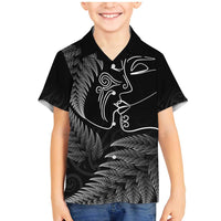 New Zealand Valentine's Day Family Matching Mermaid Dress and Hawaiian Shirt Silver Fern and Line Art Love Couple LT03 Son's Shirt Black - Polynesian Pride