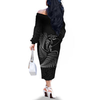 New Zealand Valentine's Day Family Matching Off The Shoulder Long Sleeve Dress and Hawaiian Shirt Silver Fern and Line Art Love Couple LT03 - Polynesian Pride