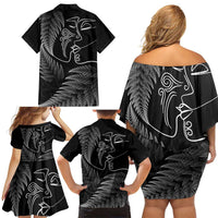 New Zealand Valentine's Day Family Matching Off Shoulder Short Dress and Hawaiian Shirt Silver Fern and Line Art Love Couple LT03 - Polynesian Pride