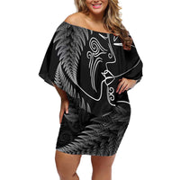 New Zealand Valentine's Day Family Matching Off Shoulder Short Dress and Hawaiian Shirt Silver Fern and Line Art Love Couple LT03 Mom's Dress Black - Polynesian Pride