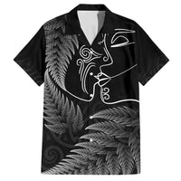 New Zealand Valentine's Day Family Matching Tank Maxi Dress and Hawaiian Shirt Silver Fern and Line Art Love Couple LT03 Dad's Shirt - Short Sleeve Black - Polynesian Pride