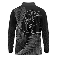 New Zealand Valentine's Day Long Sleeve Polo Shirt Silver Fern and Line Art Love Couple