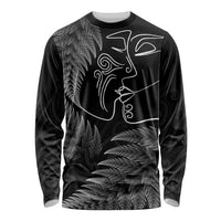 New Zealand Valentine's Day Long Sleeve Shirt Silver Fern and Line Art Love Couple LT03 Unisex Black - Polynesian Pride