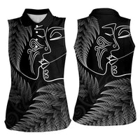 New Zealand Valentine's Day Women Sleeveless Polo Shirt Silver Fern and Line Art Love Couple
