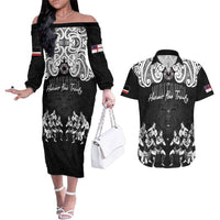 Aotearoa Waitangi Day - Toitu Te Tiriti Couples Matching Off The Shoulder Long Sleeve Dress and Hawaiian Shirt New Zealand Honour the Treaty LT03 Black - Polynesian Pride
