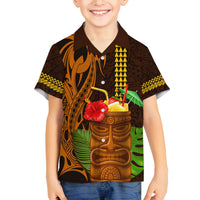 Hawaii Tiki Mask Cocktail Family Matching Summer Maxi Dress and Hawaiian Shirt Kakau Tattoo LT03 Son's Shirt Brown - Polynesian Pride