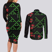 Hawaiian Green Kakau Art Tattoo-Ohia Lehua and Taro Leaves Couples Matching Long Sleeve Bodycon Dress and Long Sleeve Button Shirt LT03 - Polynesian Pride