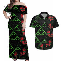 Hawaiian Green Kakau Art Tattoo-Ohia Lehua and Taro Leaves Couples Matching Off Shoulder Maxi Dress and Hawaiian Shirt LT03 Black-Green - Polynesian Pride