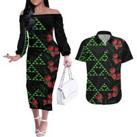 Hawaiian Green Kakau Art Tattoo-Ohia Lehua and Taro Leaves Couples Matching Off The Shoulder Long Sleeve Dress and Hawaiian Shirt LT03 Black-Green - Polynesian Pride