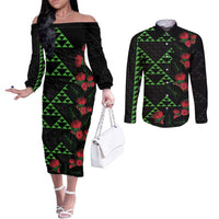 Hawaiian Green Kakau Art Tattoo-Ohia Lehua and Taro Leaves Couples Matching Off The Shoulder Long Sleeve Dress and Long Sleeve Button Shirt LT03 Black-Green - Polynesian Pride