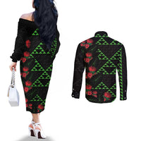 Hawaiian Green Kakau Art Tattoo-Ohia Lehua and Taro Leaves Couples Matching Off The Shoulder Long Sleeve Dress and Long Sleeve Button Shirt LT03 - Polynesian Pride