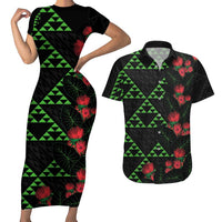 Hawaiian Green Kakau Art Tattoo-Ohia Lehua and Taro Leaves Couples Matching Short Sleeve Bodycon Dress and Hawaiian Shirt LT03 Black-Green - Polynesian Pride