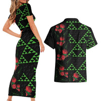 Hawaiian Green Kakau Art Tattoo-Ohia Lehua and Taro Leaves Couples Matching Short Sleeve Bodycon Dress and Hawaiian Shirt LT03 - Polynesian Pride