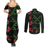 Hawaiian Green Kakau Art Tattoo-Ohia Lehua and Taro Leaves Couples Matching Summer Maxi Dress and Long Sleeve Button Shirt LT03 - Polynesian Pride