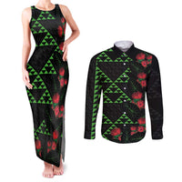 Hawaiian Green Kakau Art Tattoo-Ohia Lehua and Taro Leaves Couples Matching Tank Maxi Dress and Long Sleeve Button Shirt LT03 Black-Green - Polynesian Pride