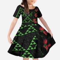 Hawaiian Green Kakau Art Tattoo-Ohia Lehua and Taro Leaves Family Matching Off The Shoulder Long Sleeve Dress and Hawaiian Shirt LT03 Daughter's Dress Black-Green - Polynesian Pride