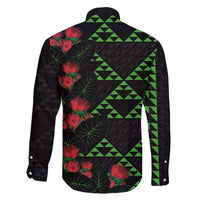 Hawaiian Green Kakau Art Tattoo-Ohia Lehua and Taro Leaves Family Matching Off The Shoulder Long Sleeve Dress and Hawaiian Shirt LT03 - Polynesian Pride