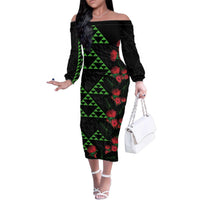 Hawaiian Green Kakau Art Tattoo-Ohia Lehua and Taro Leaves Family Matching Off The Shoulder Long Sleeve Dress and Hawaiian Shirt LT03 Mom's Dress Black-Green - Polynesian Pride