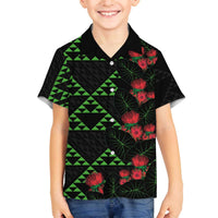 Hawaiian Green Kakau Art Tattoo-Ohia Lehua and Taro Leaves Family Matching Off The Shoulder Long Sleeve Dress and Hawaiian Shirt LT03 Son's Shirt Black-Green - Polynesian Pride