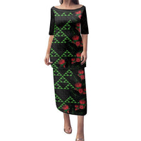 Hawaiian Green Kakau Art Tattoo-Ohia Lehua and Taro Leaves Family Matching Puletasi and Hawaiian Shirt LT03 Mom's Dress Black-Green - Polynesian Pride