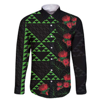 Hawaiian Green Kakau Art Tattoo-Ohia Lehua and Taro Leaves Family Matching Summer Maxi Dress and Hawaiian Shirt LT03 Dad's Shirt - Long Sleeve Black-Green - Polynesian Pride