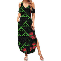 Hawaiian Green Kakau Art Tattoo-Ohia Lehua and Taro Leaves Family Matching Summer Maxi Dress and Hawaiian Shirt LT03 Mom's Dress Black-Green - Polynesian Pride