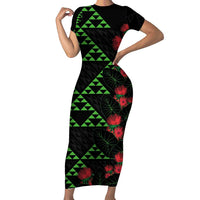 Hawaiian Green Kakau Art Tattoo-Ohia Lehua and Taro Leaves Short Sleeve Bodycon Dress LT03 Long Dress Black-Green - Polynesian Pride