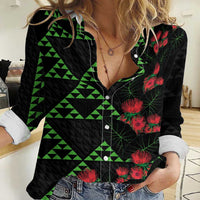 Hawaiian Green Kakau Art Tattoo-Ohia Lehua and Taro Leaves Women Casual Shirt LT03 Female Black-Green - Polynesian Pride