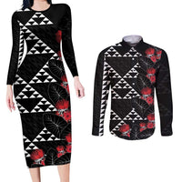 Hawaiian White Kakau Art Tattoo-Ohia Lehua and Taro Leaves Couples Matching Long Sleeve Bodycon Dress and Long Sleeve Button Shirt LT03 Black-White - Polynesian Pride