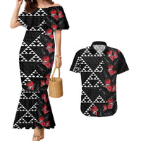 Hawaiian White Kakau Art Tattoo-Ohia Lehua and Taro Leaves Couples Matching Mermaid Dress and Hawaiian Shirt LT03 Black-White - Polynesian Pride