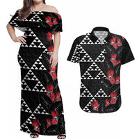 Hawaiian White Kakau Art Tattoo-Ohia Lehua and Taro Leaves Couples Matching Off Shoulder Maxi Dress and Hawaiian Shirt LT03 Black-White - Polynesian Pride