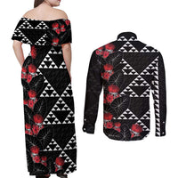 Hawaiian White Kakau Art Tattoo-Ohia Lehua and Taro Leaves Couples Matching Off Shoulder Maxi Dress and Long Sleeve Button Shirt LT03 - Polynesian Pride