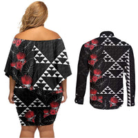 Hawaiian White Kakau Art Tattoo-Ohia Lehua and Taro Leaves Couples Matching Off Shoulder Short Dress and Long Sleeve Button Shirt LT03 - Polynesian Pride