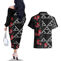 Hawaiian White Kakau Art Tattoo-Ohia Lehua and Taro Leaves Couples Matching Off The Shoulder Long Sleeve Dress and Hawaiian Shirt LT03 - Polynesian Pride