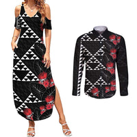 Hawaiian White Kakau Art Tattoo-Ohia Lehua and Taro Leaves Couples Matching Summer Maxi Dress and Long Sleeve Button Shirt LT03 Black-White - Polynesian Pride