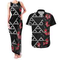 Hawaiian White Kakau Art Tattoo-Ohia Lehua and Taro Leaves Couples Matching Tank Maxi Dress and Hawaiian Shirt LT03 Black-White - Polynesian Pride
