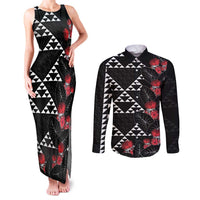 Hawaiian White Kakau Art Tattoo-Ohia Lehua and Taro Leaves Couples Matching Tank Maxi Dress and Long Sleeve Button Shirt LT03 Black-White - Polynesian Pride
